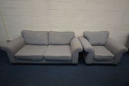 A GREY UPHOLSTERED DFS MODEL 'EDWIN' TWO PIECE LOUNGE SUITE, comprising of a three seater sofa,