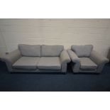 A GREY UPHOLSTERED DFS MODEL 'EDWIN' TWO PIECE LOUNGE SUITE, comprising of a three seater sofa,