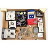 A BOX OF ASSORTED SILVER AND WHITE METAL JEWELLERY, to include a silver gilt charm bracelet,