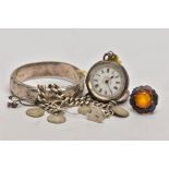 A SELECTION OF SILVER ITEMS, to include a foliate engraved hinged bangle, fitted with a push pin