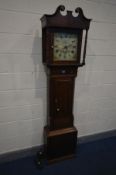 A GEORGE III MAHOGANY CROSSBANDED 30 HOUR LONG CASE CLOCK, the hood with swan neck pediment, twin