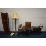 A QUANTITY OF OCCASIONAL FURNITURE, to include an oak drop leaf dining table, tea trolley, folding