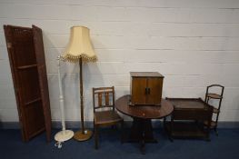 A QUANTITY OF OCCASIONAL FURNITURE, to include an oak drop leaf dining table, tea trolley, folding