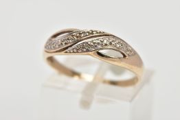 A 9CT GOLD DIAMOND CROSSOVER RING, openwork cross over ring set with single cut diamond detail,