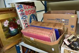 TWO BOXES AND LOOSE OF BOOKS, PICTURES, CUTLERY, ETC, including a Royal Family scrap book, two early