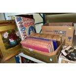 TWO BOXES AND LOOSE OF BOOKS, PICTURES, CUTLERY, ETC, including a Royal Family scrap book, two early