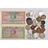 A quantity of world coins to include: a package of Cypriot coins 3x Nine piastre coins 1919,1921,