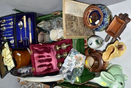 A BOX AND LOOSE COLLECTABLE ITEMS, ETC, to include a Royal Doulton tobacco jar (chipped rim, missing
