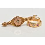 A LATE VICTORIAN 18CT GOLD DIAMOND AND RUBY RING, AND A 9CT GOLD MEMORIAL BROOCH, the ring set