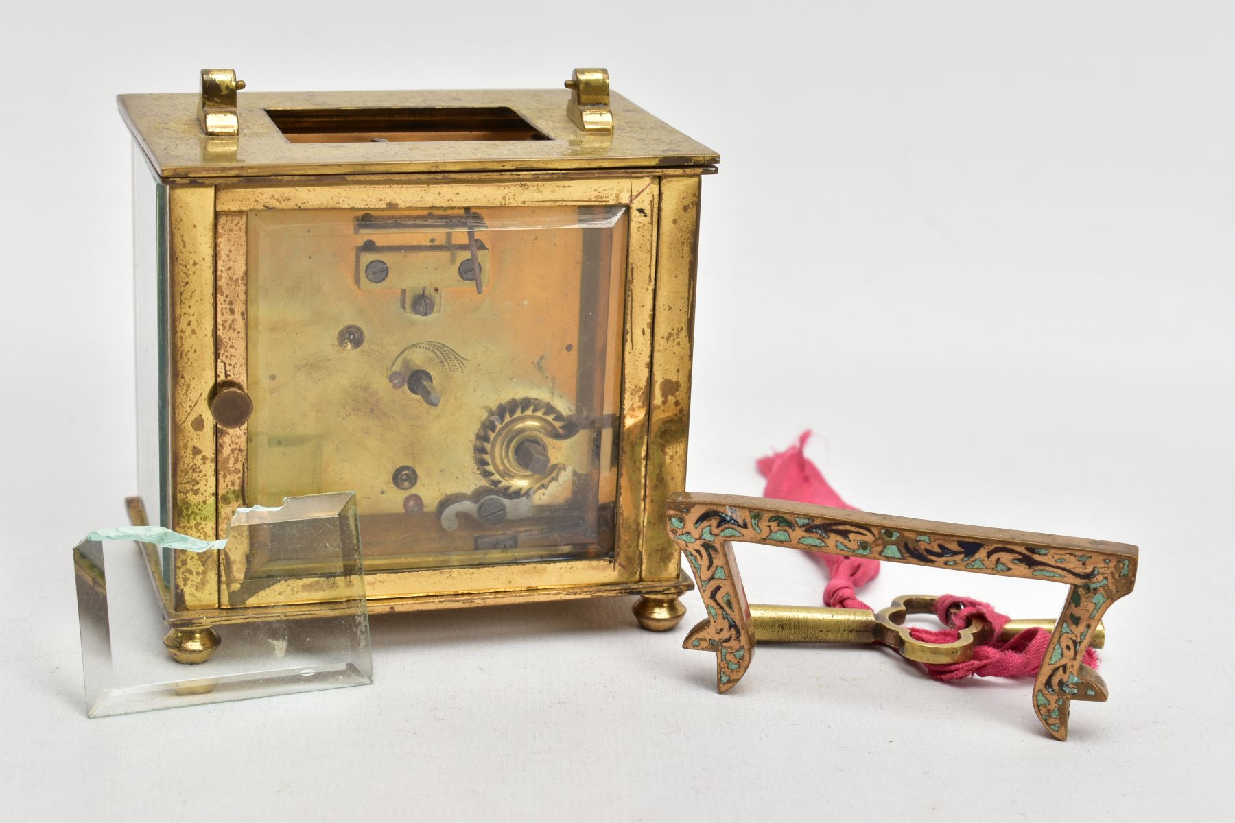A BRASS AND ENAMELLED CARRIAGE CLOCK, of a square form, round white dial with the centre decorated - Image 3 of 6