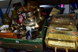 THREE BOXES AND LOOSE METALWARES AND SUNDRY ITEMS to include brass lamp, candle holders, vases,