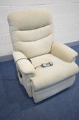 A BEIGE UPHOLSTERED CELEBRITY RISE AND RECLINE ARM CHAIR (PAT pass and working)