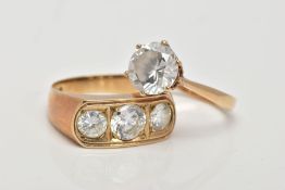 TWO 9CT GOLD CUBIC ZIRCONIA SET RINGS, the first a single stone ring set with a circular cut cubic