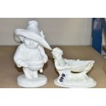 A BLANC DE CHINE CERAMIC SCULPTURE OF A POT BELLY MALE FIGURE wearing an oversized hat, unmarked,