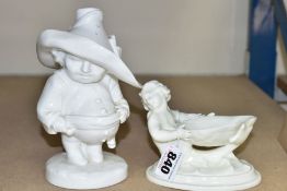 A BLANC DE CHINE CERAMIC SCULPTURE OF A POT BELLY MALE FIGURE wearing an oversized hat, unmarked,