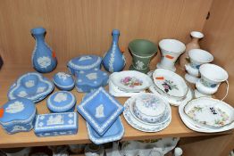 A COLLECTION OF WEDGWOOD JASPERWARE AND GIFTWARE, the jasperware all pale blue apart from a