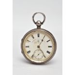 A SILVER OPEN FACE POCKET WATCH, round white dial signed 'Dewsbury Barrow & Halifax W.T Story',