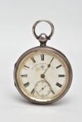 A SILVER OPEN FACE POCKET WATCH, round white dial signed 'Dewsbury Barrow & Halifax W.T Story',