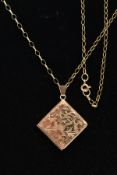 A 9CT GOLD LOCKET PENDANT NECKLACE, the locket of a square form, decorative floral design,