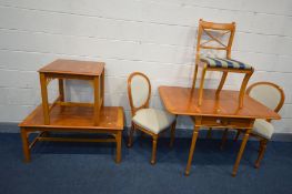 A QUANTITY OF YEW WOOD FURNITURE IN THE SIMILAR STYLE, to include a drop leaf cross banded dining