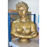 A VICTORIAN GILT PLASTER BUST OF A LADY, appears to have had alterations/repairs to forehead and