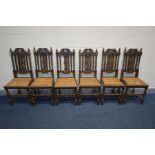 A SET OF SIX LATE 19TH CENTURY CARVED OAK DINING CHAIRS, with caned seats (condition - all chairs