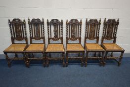 A SET OF SIX LATE 19TH CENTURY CARVED OAK DINING CHAIRS, with caned seats (condition - all chairs