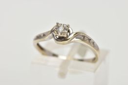 A 9CT GOLD DIAMOND RING, designed with a single round brilliant cut diamond, within a square