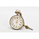 A LADIES OPEN FACE POCKET WATCH, round white dial, decorated with a yellow and white metal pattern