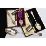 A SELECTION OF SILVER, to include an old English pattern basting spoon, engraved initials 'P B E' to