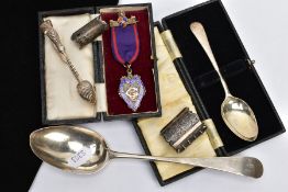 A SELECTION OF SILVER, to include an old English pattern basting spoon, engraved initials 'P B E' to