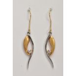 A PAIR OF BI-COLOUR 18CT GOLD, DIAMOND DROP EARRINGS, each openwork drop made of yellow and white