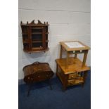 A MAHOGANY TAMBOUR SEWING BOX with contents, a pine occasional table with two drawers, a pine