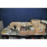 FIVE TRAYS CONTAINING VINTAGE ELECTRICAL AND ELECTRONIC PARTS including, fans, motors, resistors,