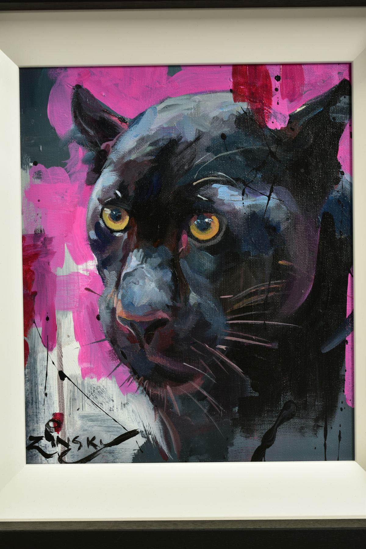 ZINKSY (BRITISH CONTEMPORARY) 'PANTHER', a head portrait of a black panther, signed bottom left, oil - Image 2 of 5