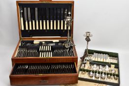 A LARGE WOODEN CANTEEN OF CUTLERY AND A CASED SET OF UNMATCHED CUTLERY, the near complete wooden