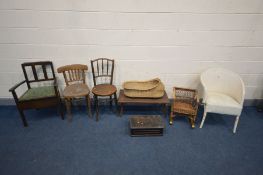 THREE PEICES OF WICKER FURNITURE, to include a Lloyd loom style bedroom chair, a small rocking chair