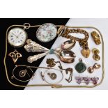 A SELECTION OF ITEMS, to include a ladies open face pocket watch, round white dial with gold
