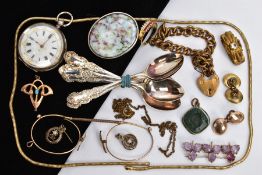 A SELECTION OF ITEMS, to include a ladies open face pocket watch, round white dial with gold