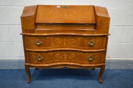 A REPRODUCTION WALNUT AND MARQUETRY INLAID ITALIAN WRITING BUREAU, with two drawers, width 88cm x