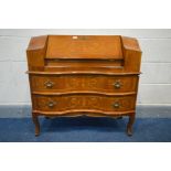 A REPRODUCTION WALNUT AND MARQUETRY INLAID ITALIAN WRITING BUREAU, with two drawers, width 88cm x