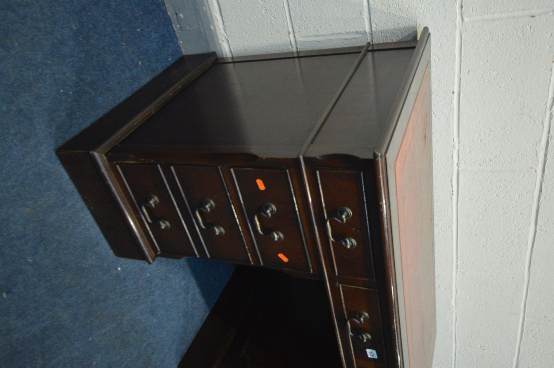 A MAHOGANY PEDESTAL DESK, with oxblood and gilt tooled leather inlayed top and seven assorted - Image 3 of 3