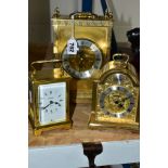 A BAYARD FRENCH CARRIAGE CLOCK, brass case, keyless movement, a Swiza brass cased alarm clock in the