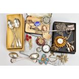 A BAG OF ASSORTED ITEMS, to include a set of six silver teaspoons, each with a gadrooned rim,