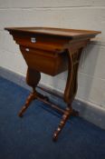 A REPRODUCTION HARDWOOD WORK TABLE, with a loose lid and single drawer, width 51cm x depth 36cm x