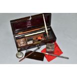 A VICTORIAN TRAVELLING ROSEWOOD WRITING BOX, containing a silver pencil hallmarked for Richard