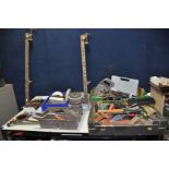 SIX TRAYS CONTAING HAND AND VINTAGE POWER TOOLS including a digital vernier caliper, spanners,