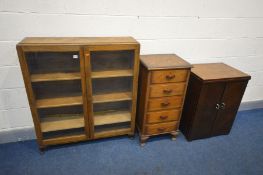 AN OAK GLAZED TWO DOOR BOOKCASE, width 97cm x depth 24cm x height 111cm (lock faulty) along with a