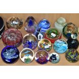 SEVENTEEN ASSORTED GLASS AND ONYX PAPERWEIGHTS AND A VASE, including a Polish glass clear