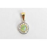 AN 18CT GOLD OPAL AND DIAMOND PENDANT, of an oval form, centring on a collect mounted oval cut opal,